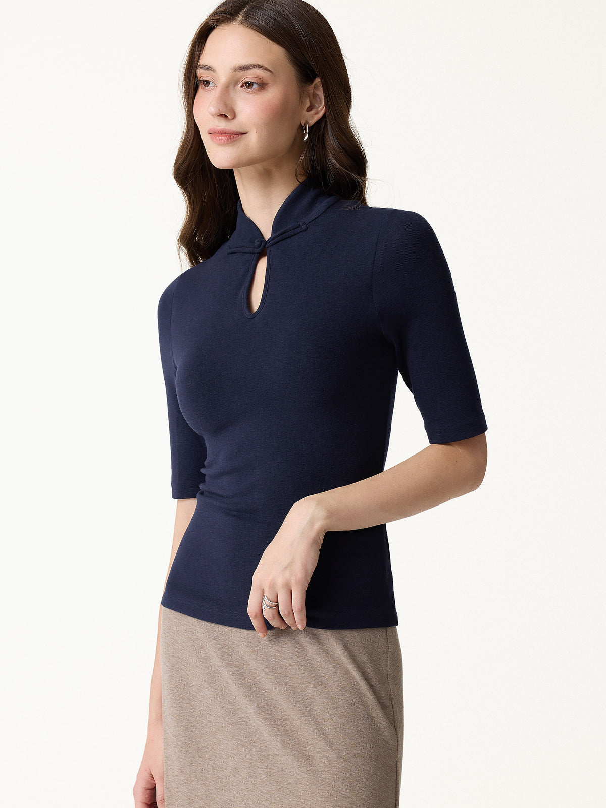 LiteWarm Teardrop Neck Elbow Sleeve Built-In Bra Top — original photo 3