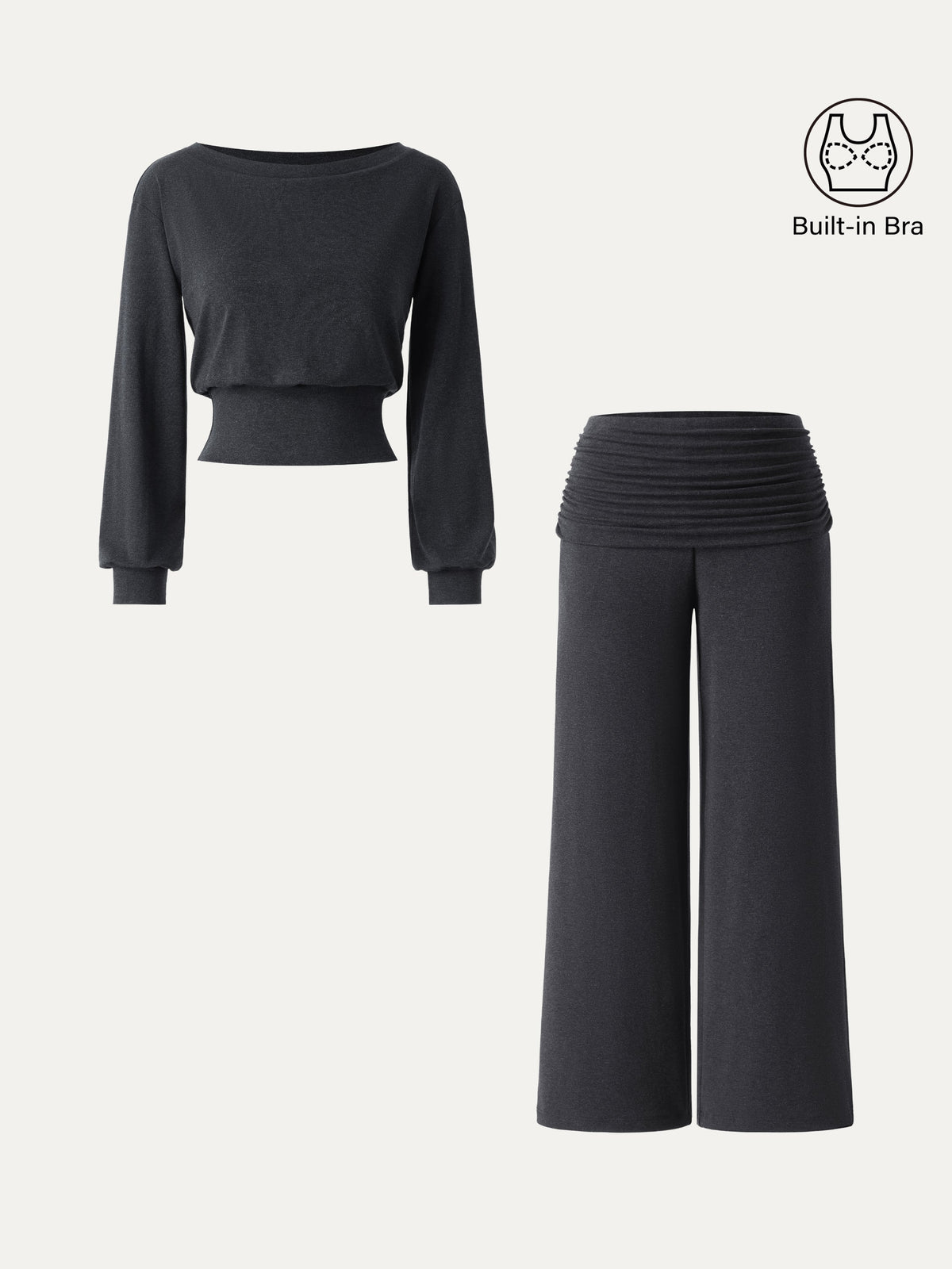 2Pcs Set Boatneck Built-In Bra & Drapey Wide Leg Pull-on Pants with Pockets — original photo 2