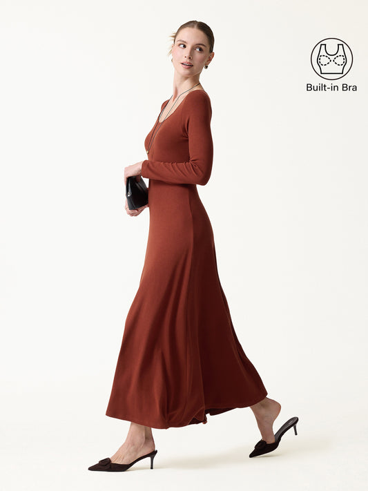LiteWarm Diamond Neck Long Sleeve Drapey Maxi Built-In Bra Dress — original photo 1