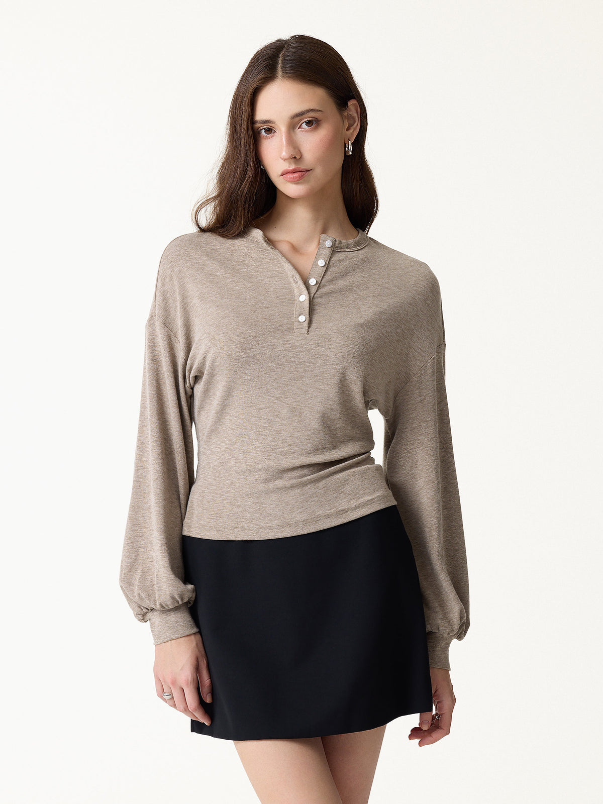 LiteWarm Slub Ribbed Henley Neck Batwing Sleeve Close-Fit Hem Top — original photo 3