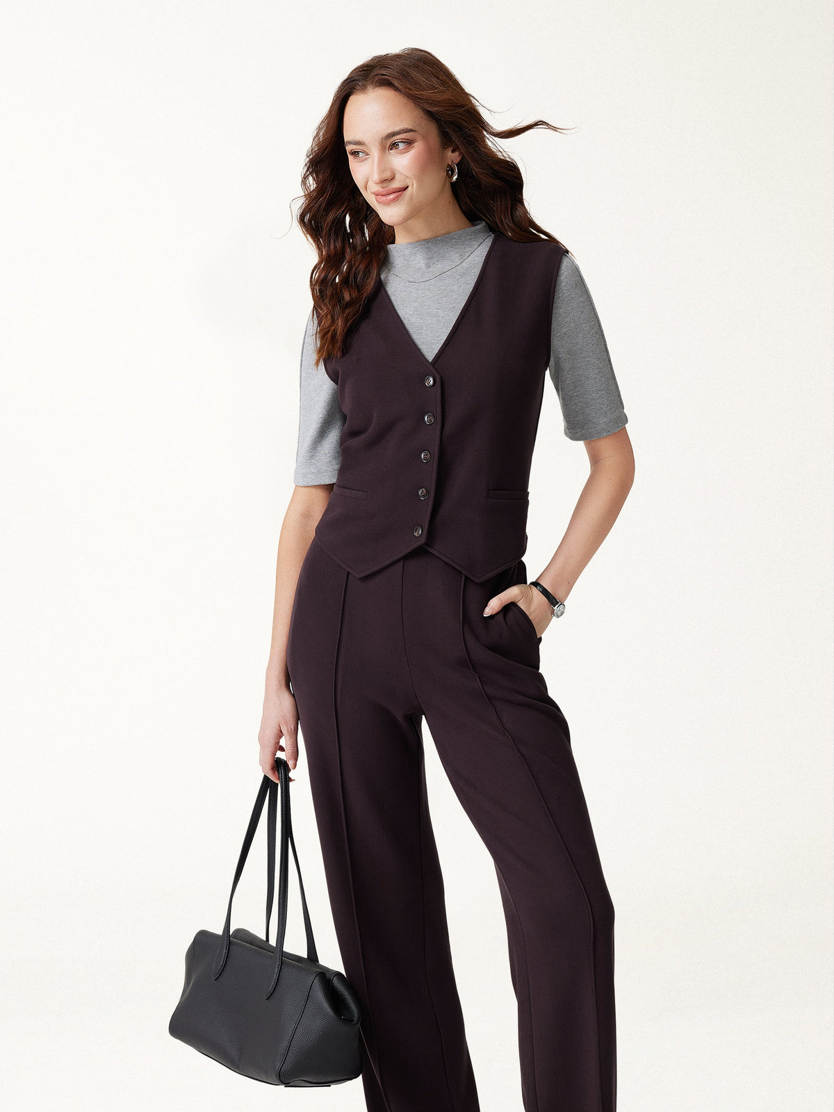 2Pcs Set Friendly Sleeveless Cropped Vest & Mid-Rise Pintuck Pants with Pockets — original photo 5