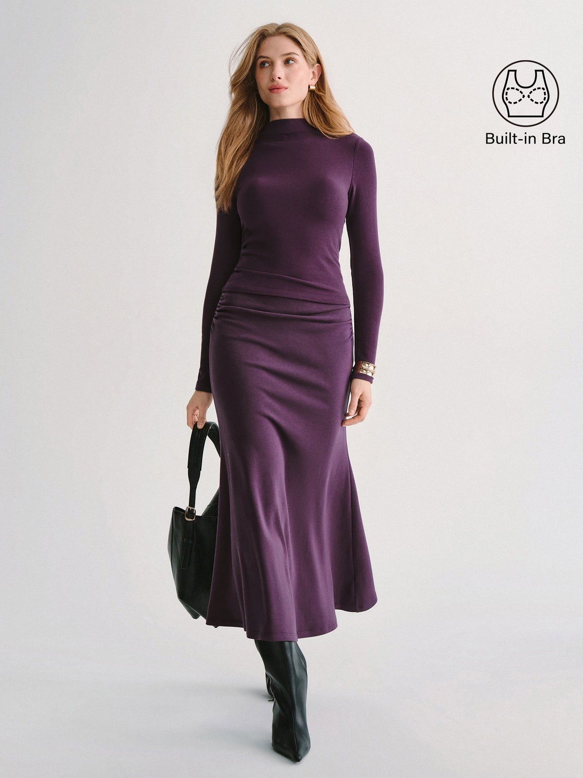 2Pcs Set ProWarm Mock Neck Long Sleeve Bra Top & Mid-Rise Ruched Flared Midi Skirt — original photo 1
