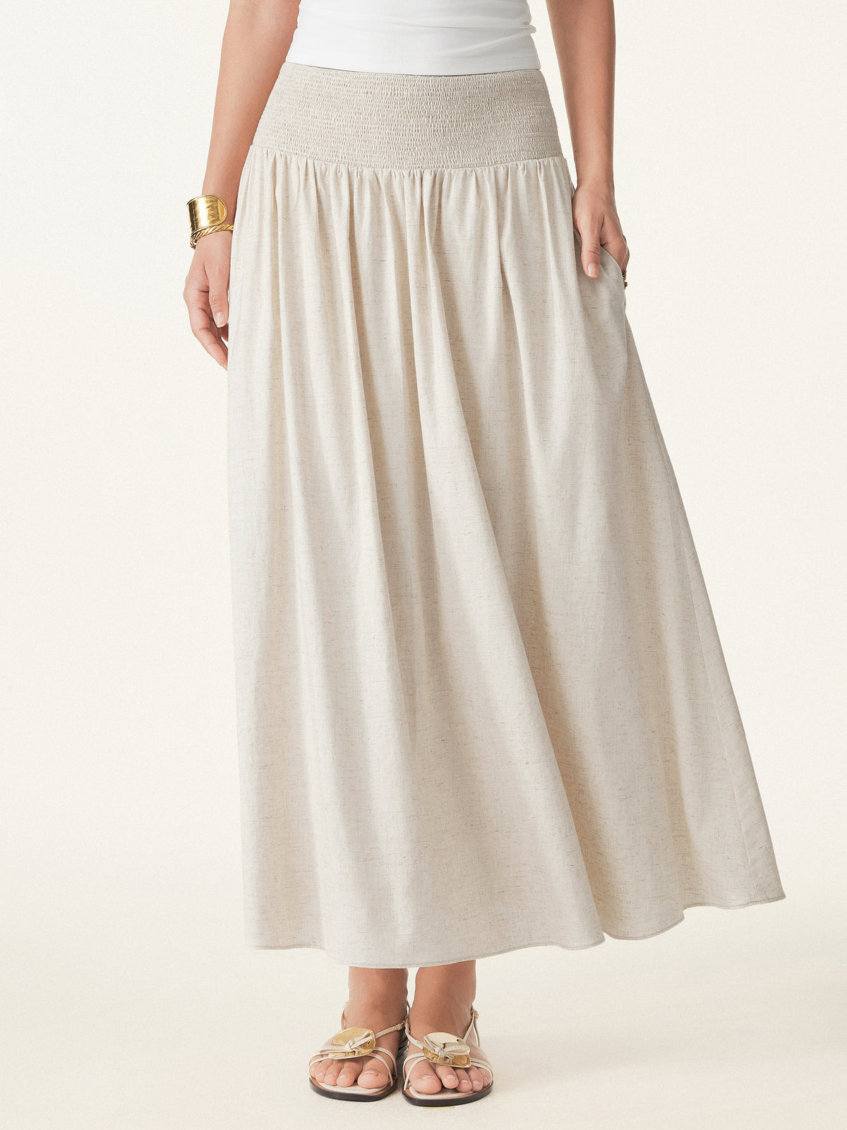 European Linen Smocked Waist Skirt with Pockets — original photo 2