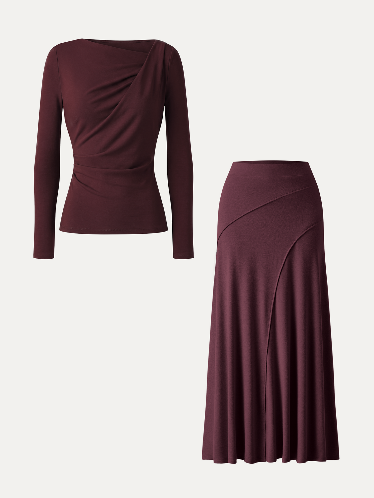 2Pcs Set LiteWarm Asymmetrical Neck Top & Drapey A-Line Midi Skirt — original photo 12