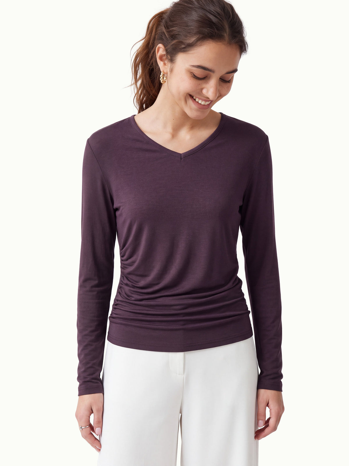 LiteWarm V-Neck Long Sleeve Ruched Top — original photo 17