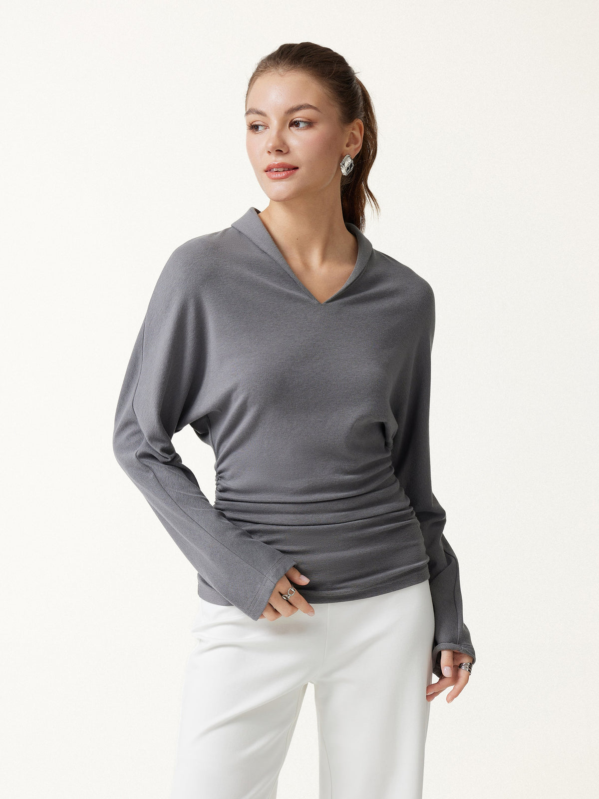 LiteWarm V-Neck Long Sleeve Ruched Top — original photo 3