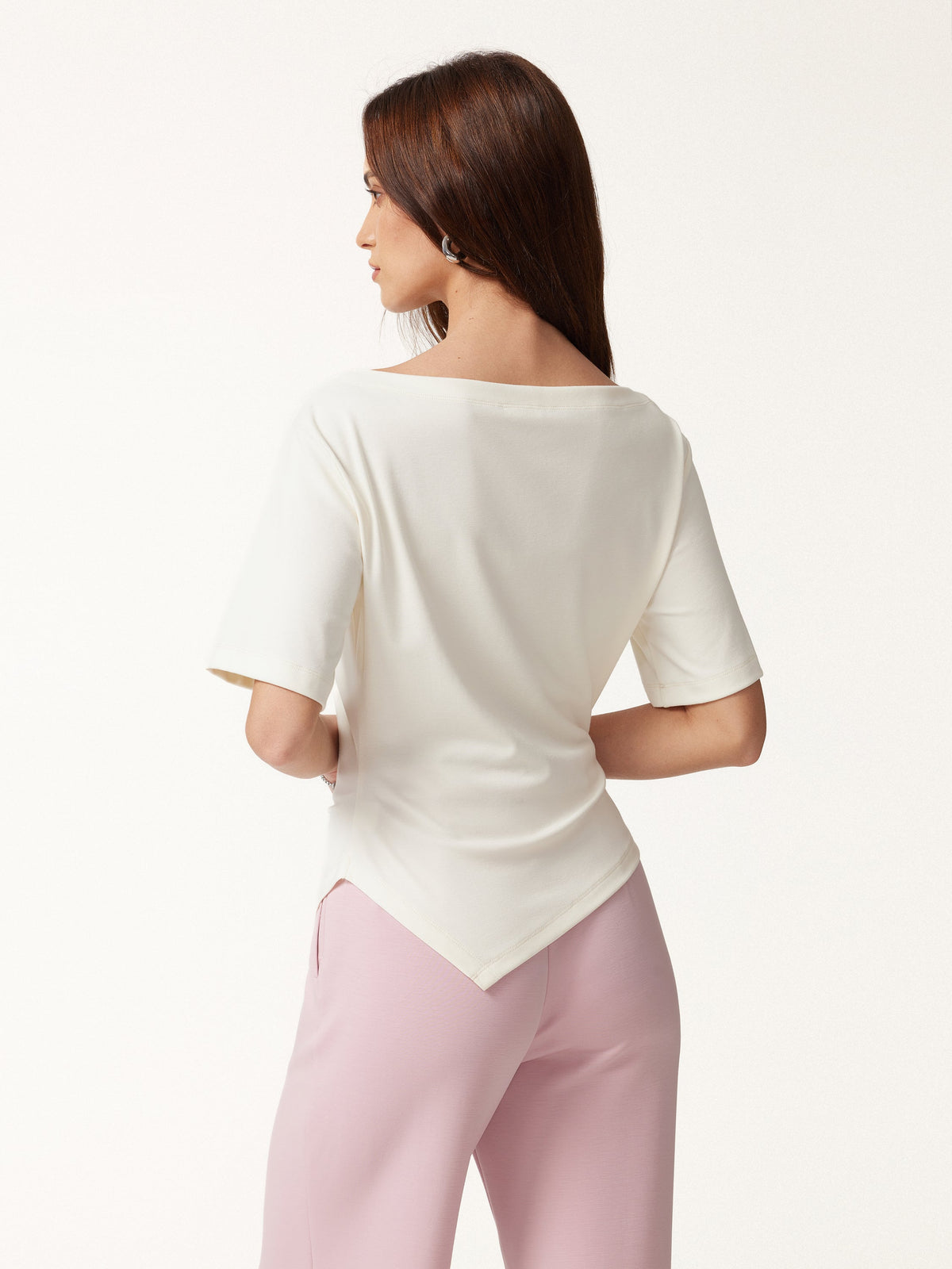 Cotton Blend Boatneck Elbow Sleeve Asymmetrical Tucked Top — original photo 4