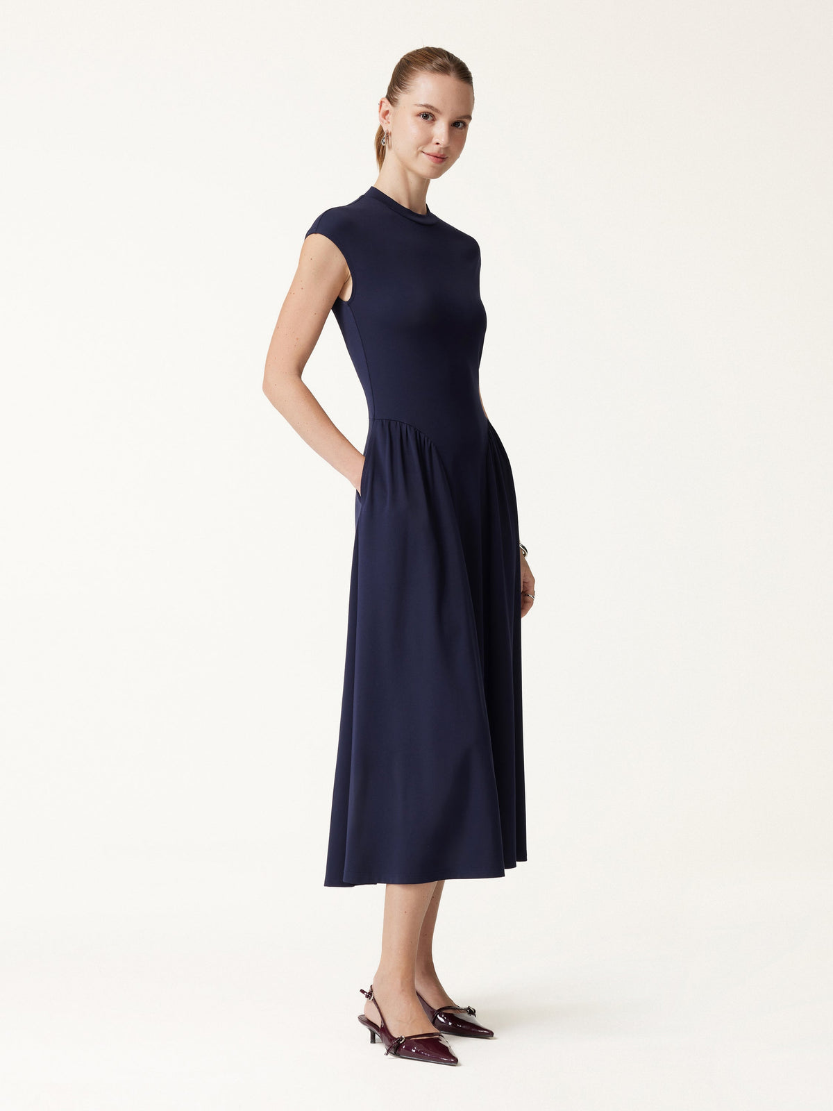 Ponte Mock Neck Ruched A-Line Midi Dress with Pockets — original photo 2