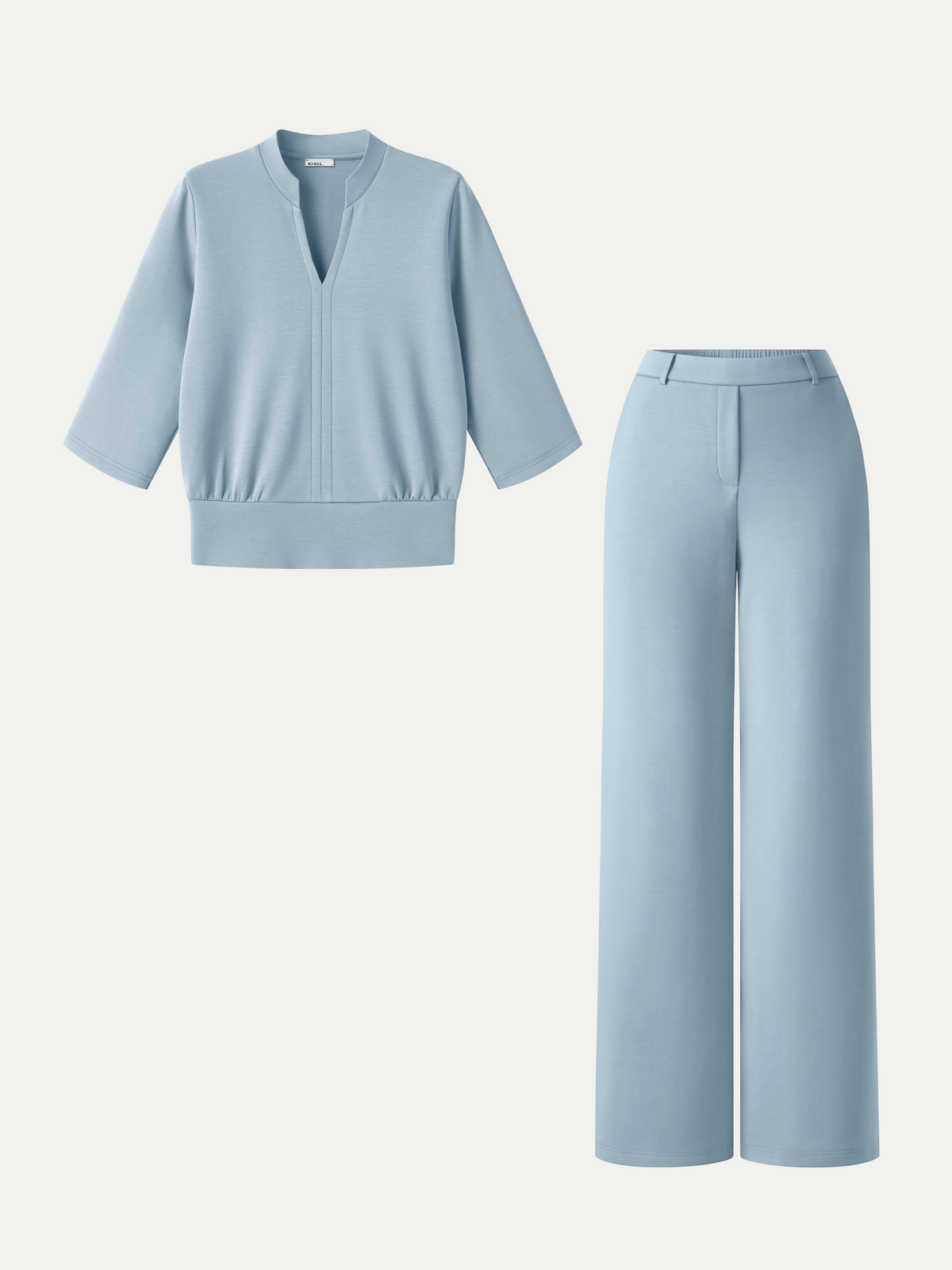 2Pcs Set V-Neck Elbow Sleeve Top & High-Rise Wide Leg Pants with Pockets — original photo 10