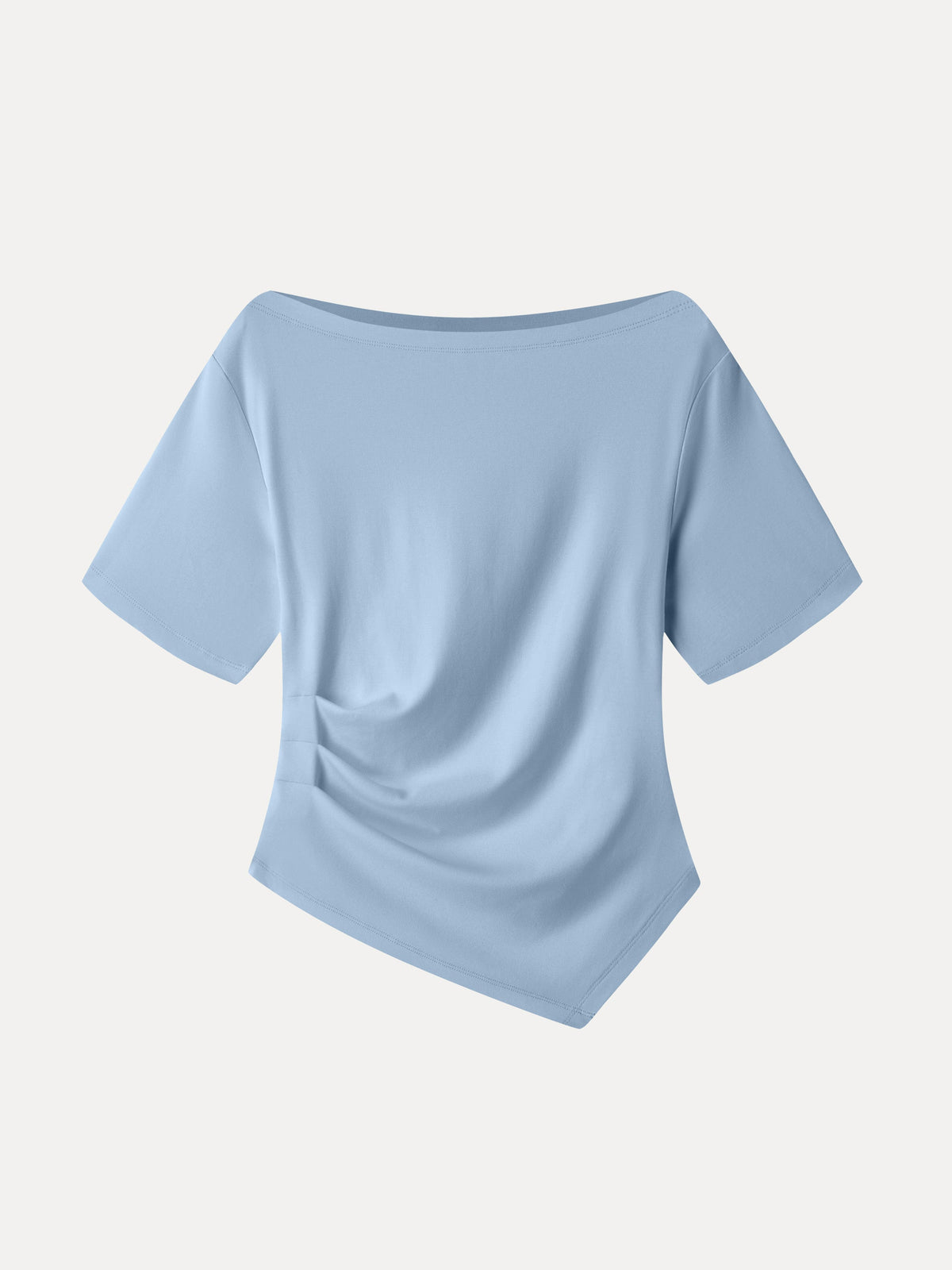 Cotton Blend Boatneck Elbow Sleeve Asymmetrical Tucked Top — original photo 8