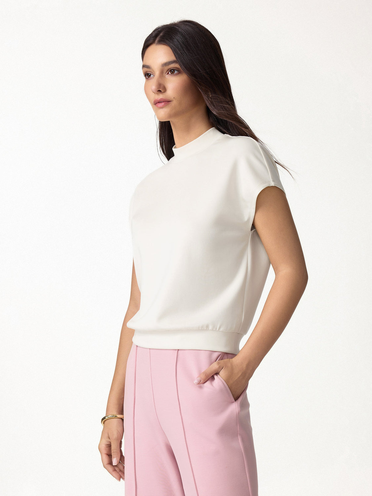 Modal Spacer Knit Mock Neck Cap Sleeve Banded Hem Top — original photo 3