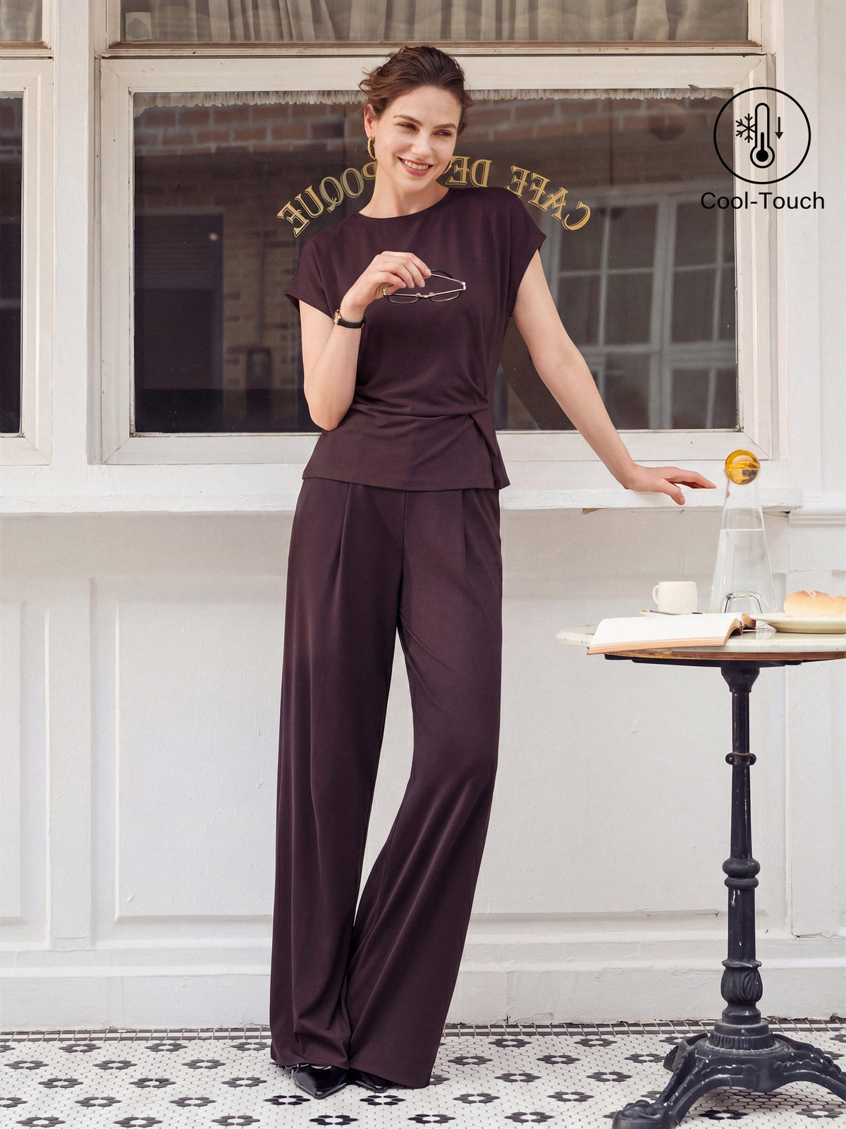 2Pcs Set Round Neck Tucked Top & Wide Leg The Success Pants — original photo 1