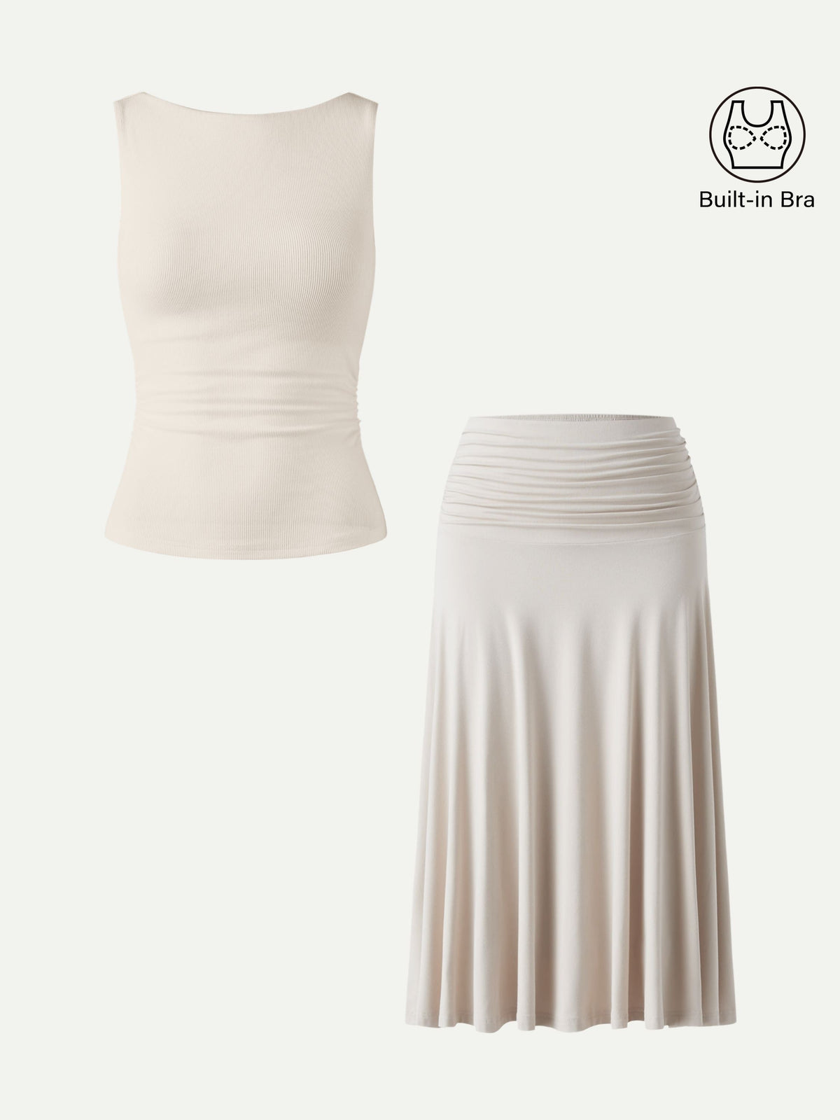 2Pcs Set Open Back Built-In Bra Tank & Side Ruched A-line Midi Skirt — original photo 2