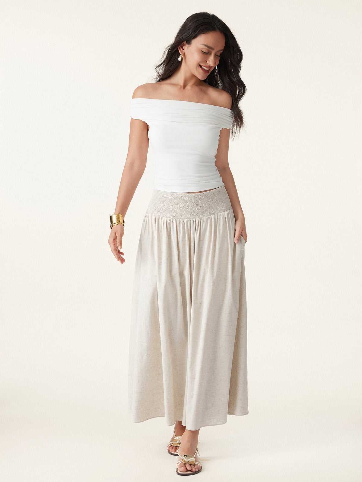 European Linen Smocked Waist Skirt with Pockets — original photo 1