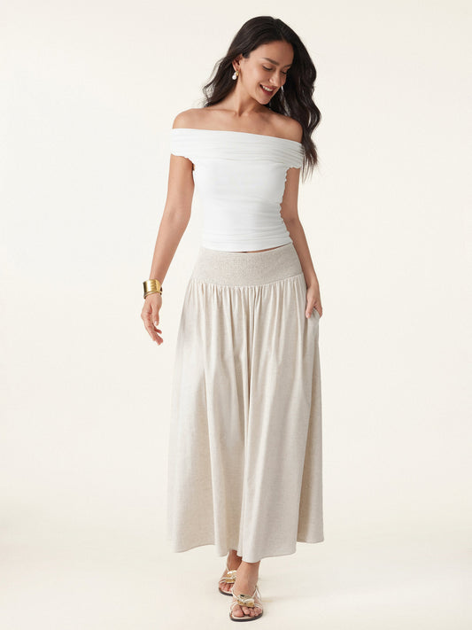 European Linen Smocked Waist Skirt with Pockets — original photo 1