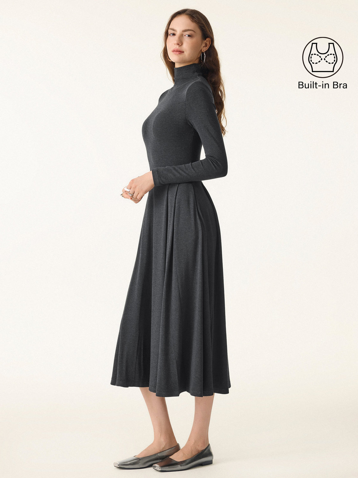 LiteWarm Mockneck Pleated Midi Built-In Bra Dress with Pockets — original photo 2