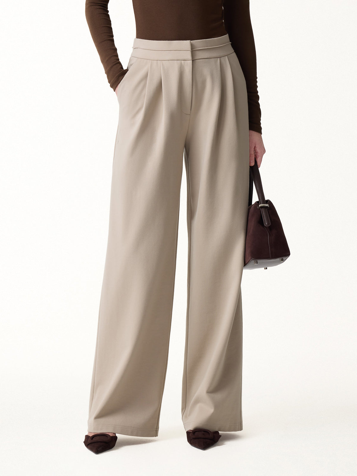 Ponte Mid-Rise Wide-Leg Tuck Pants with Pockets — original photo 3