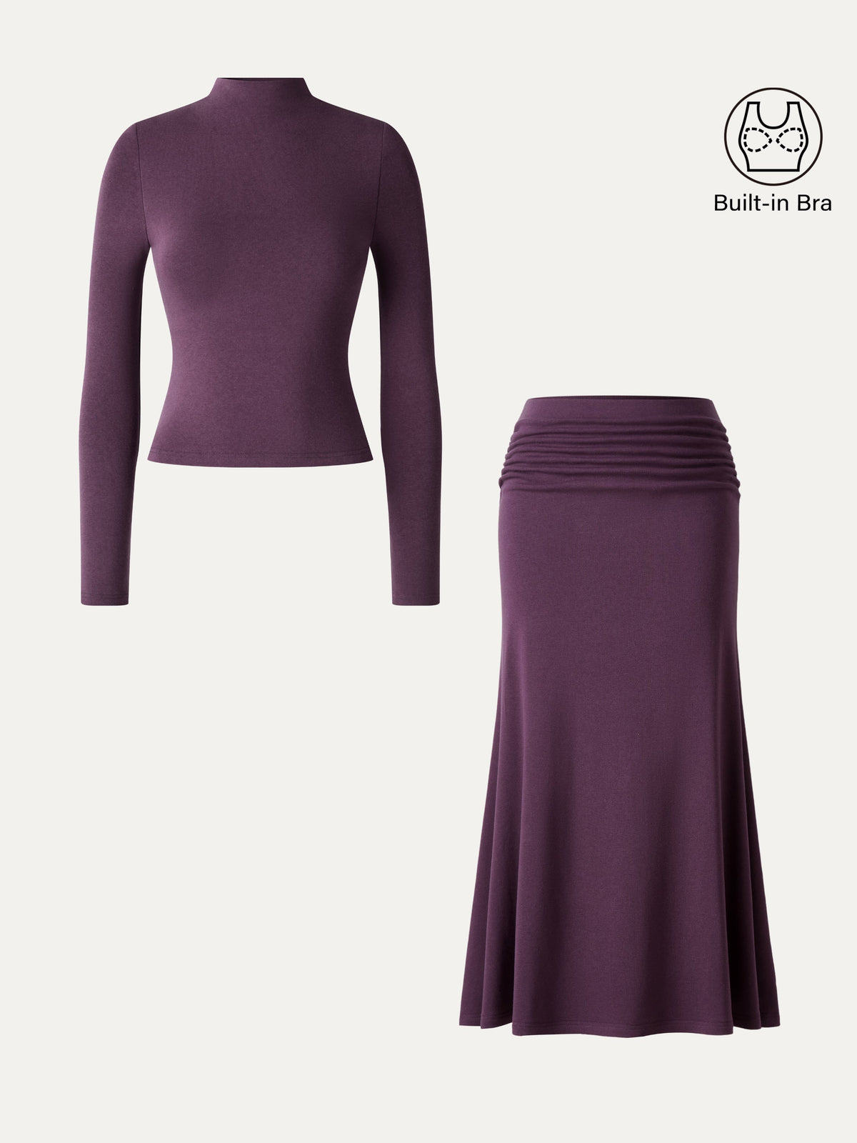 2Pcs Set ProWarm Mock Neck Long Sleeve Bra Top & Mid-Rise Ruched Flared Midi Skirt — original photo 2