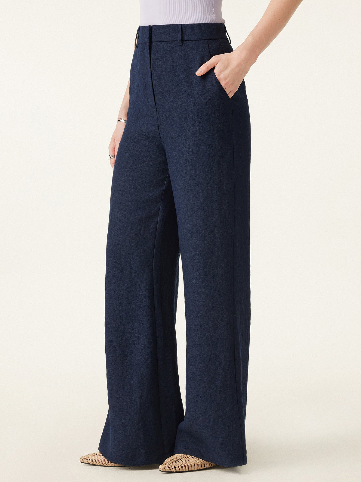 European Linen-Like Mid Rise Flared Pant with Pockets — original photo 3