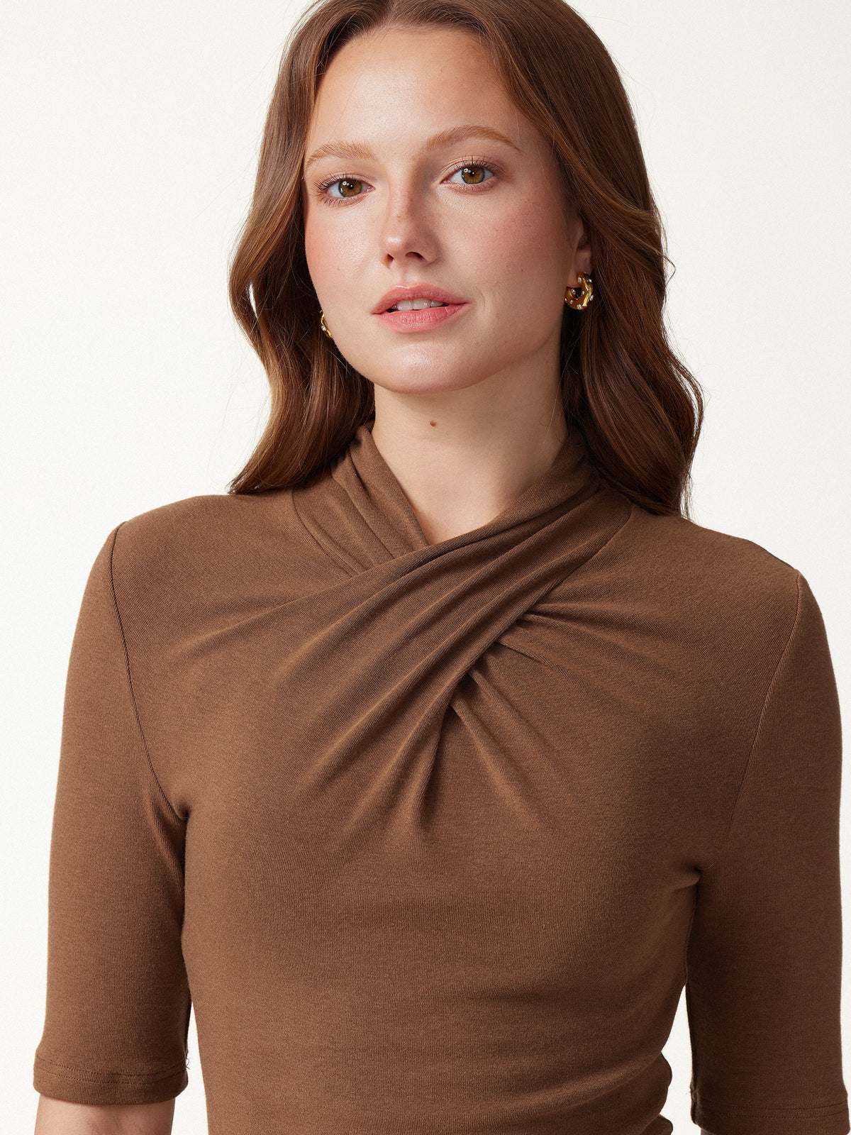 LiteWarm Crisscross Mock Neck Elbow Sleeve Ruched Top — original photo 6
