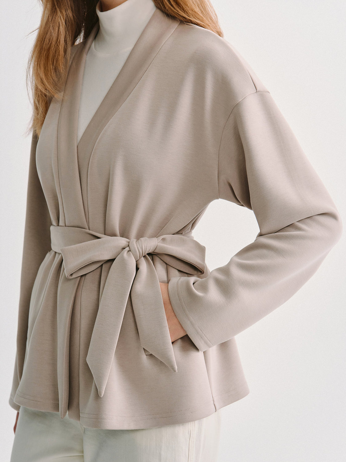 Modal Stretch Fleece Crossover Belted Wrap Cardigan Coat with Pockets — original photo 5