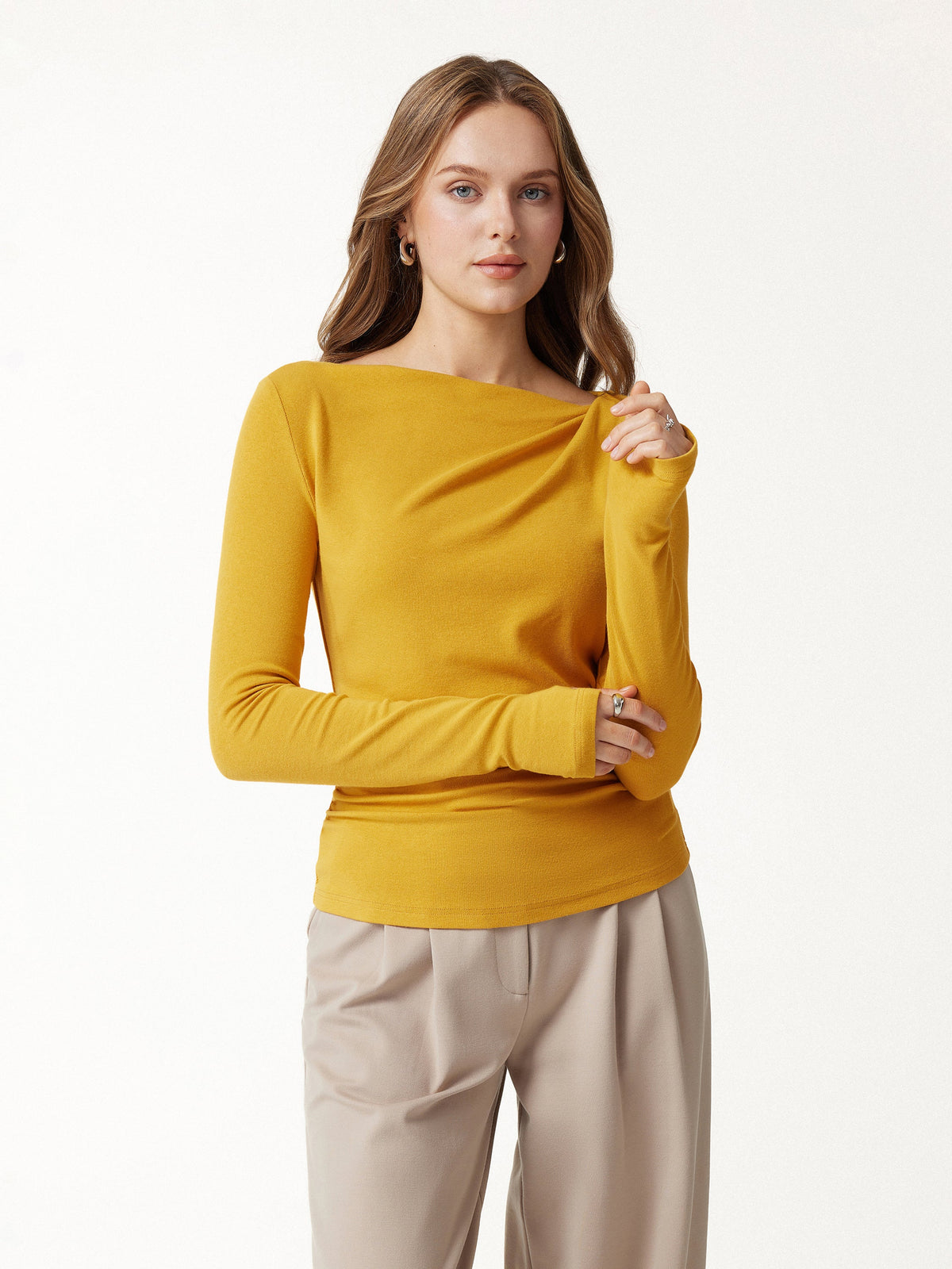LiteWarm Asymmetrical Neck Long Sleeve Ruched Top — original photo 3