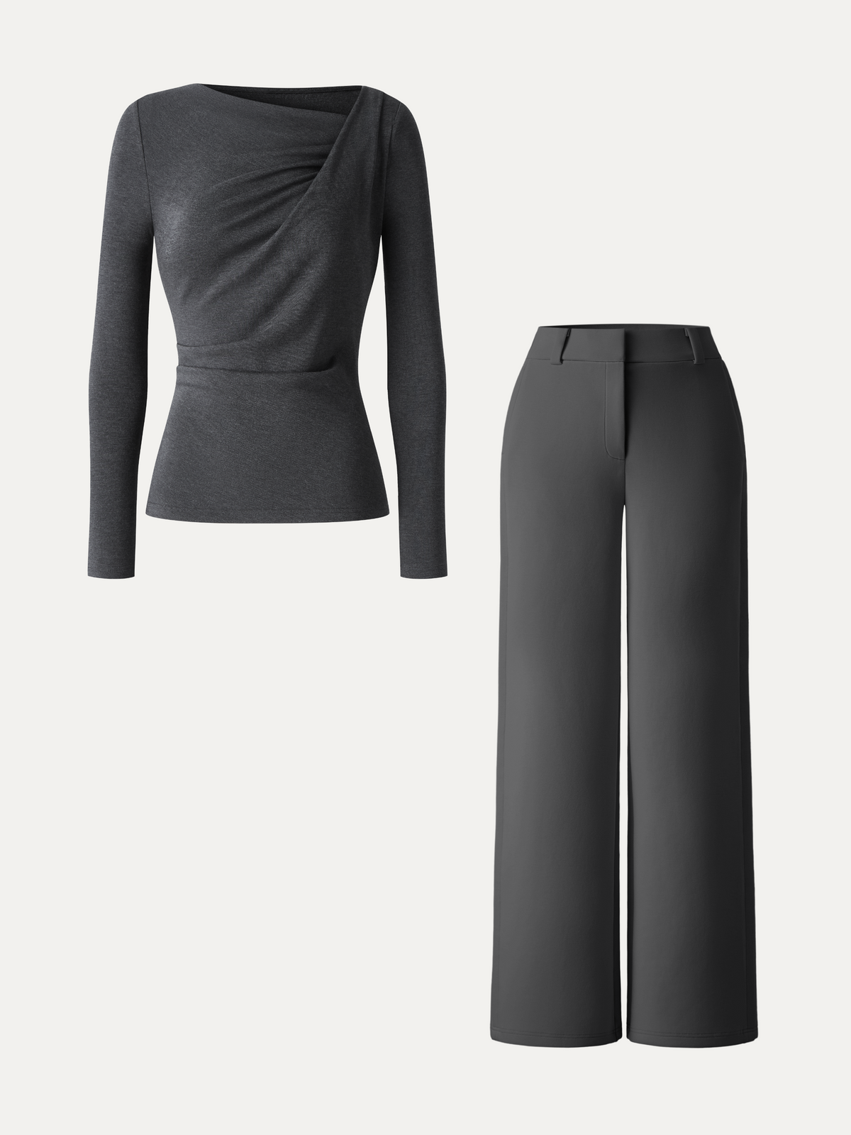 2Pcs Set LiteWarm Asymmetrical Neck Long Sleeve Top & Mid Rise Wide Leg Trouser — original photo 8