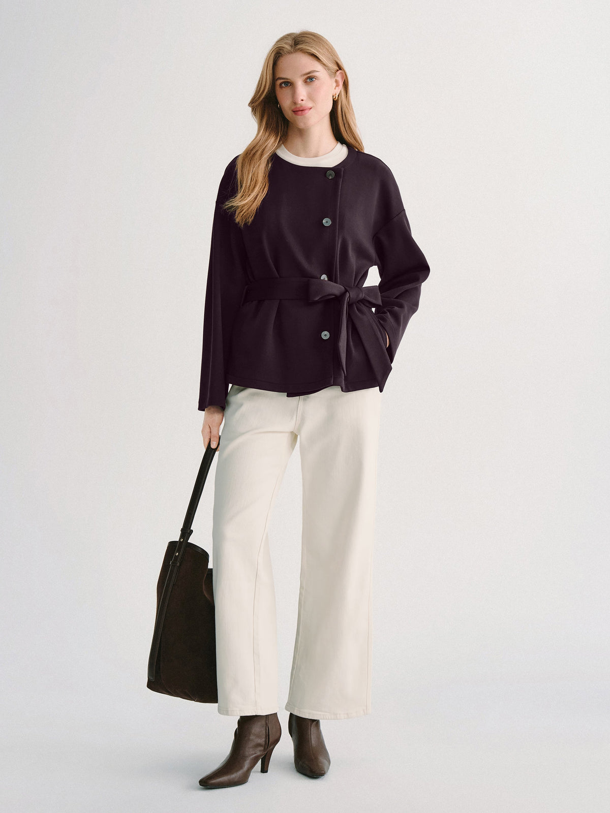 Bamboo-Blend Round Neck Long Sleeve Belted Jacket with Pockets — original photo 2