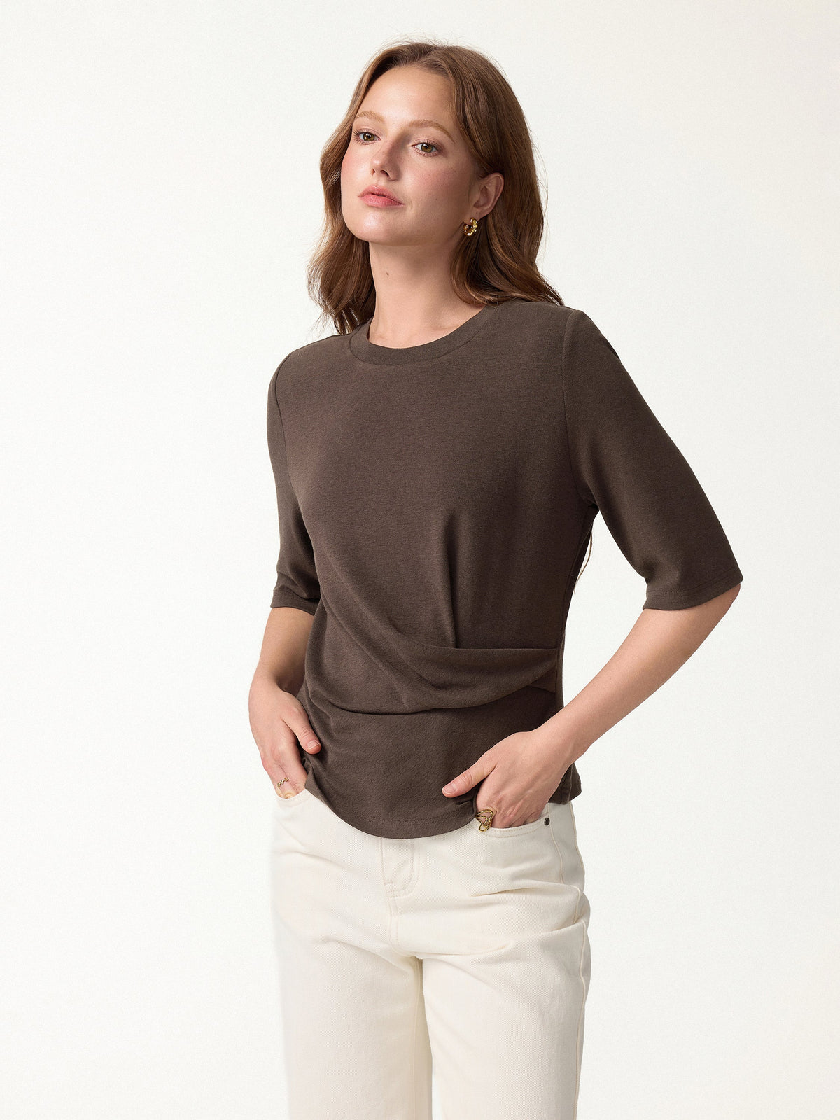 LiteWarm Round Neck Elbow Sleeve Side-Tuck Top — original photo 1