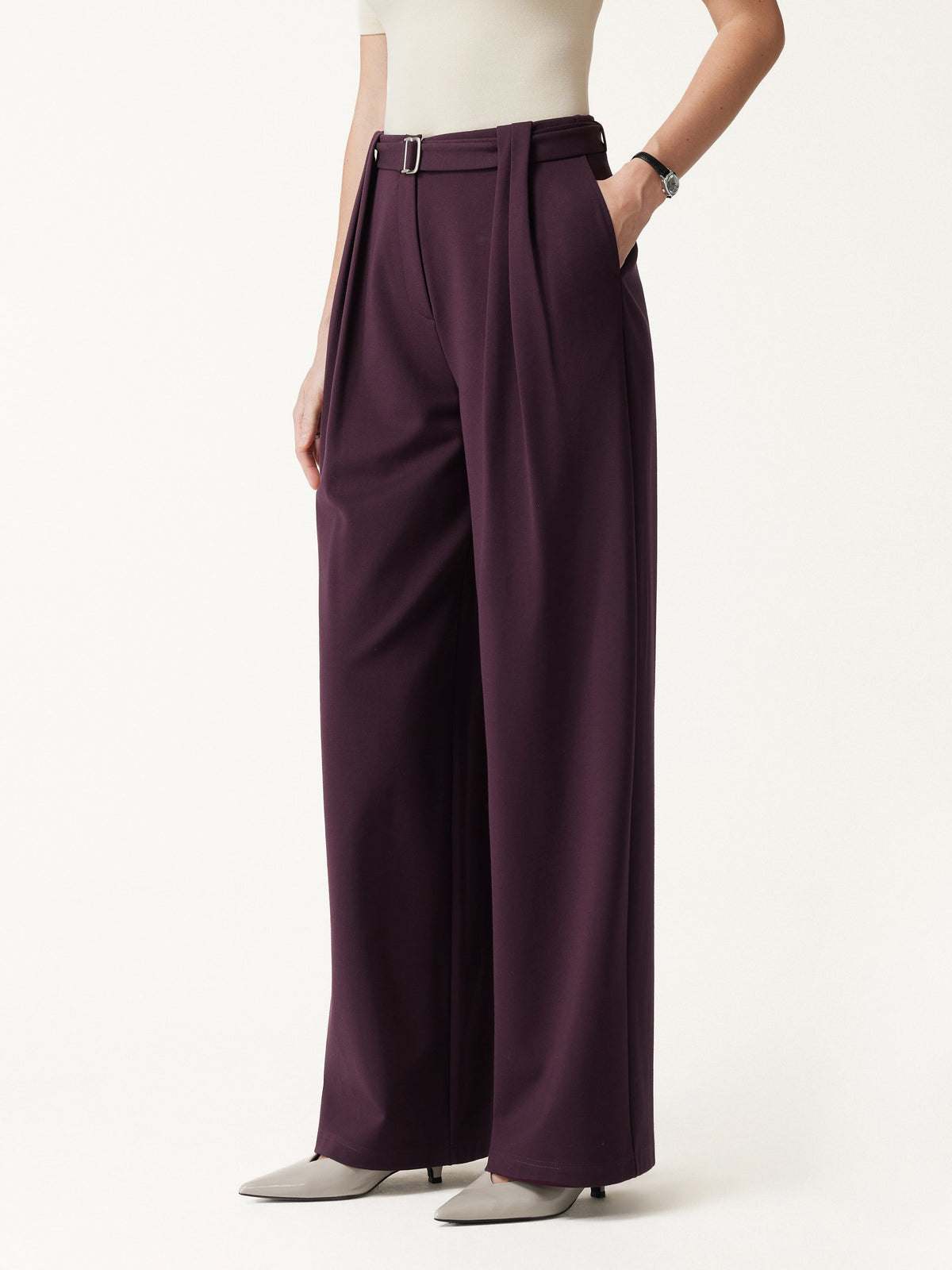 Stretch Ponte High-Rise Belted Wide-Leg Pants with Pockets — original photo 3