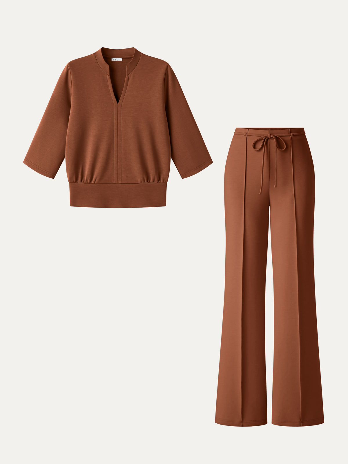 2Pcs Set V-Neck Elbow Sleeve Bam Top & High-Rise Flare Pants with Pockets — original photo 10