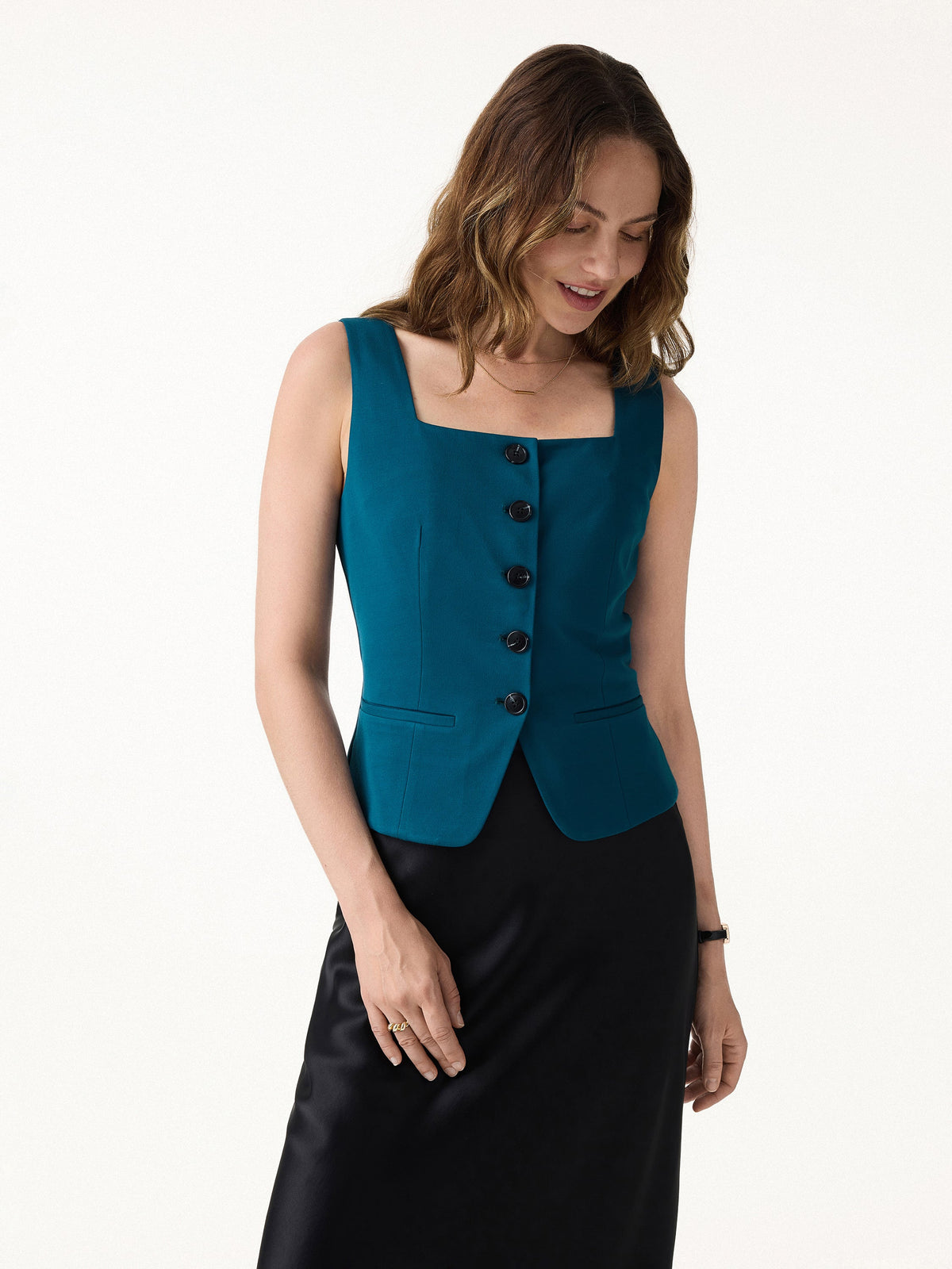 Stretch Ponte Square Neck Cropped Waistcoat with Pockets — original photo 1
