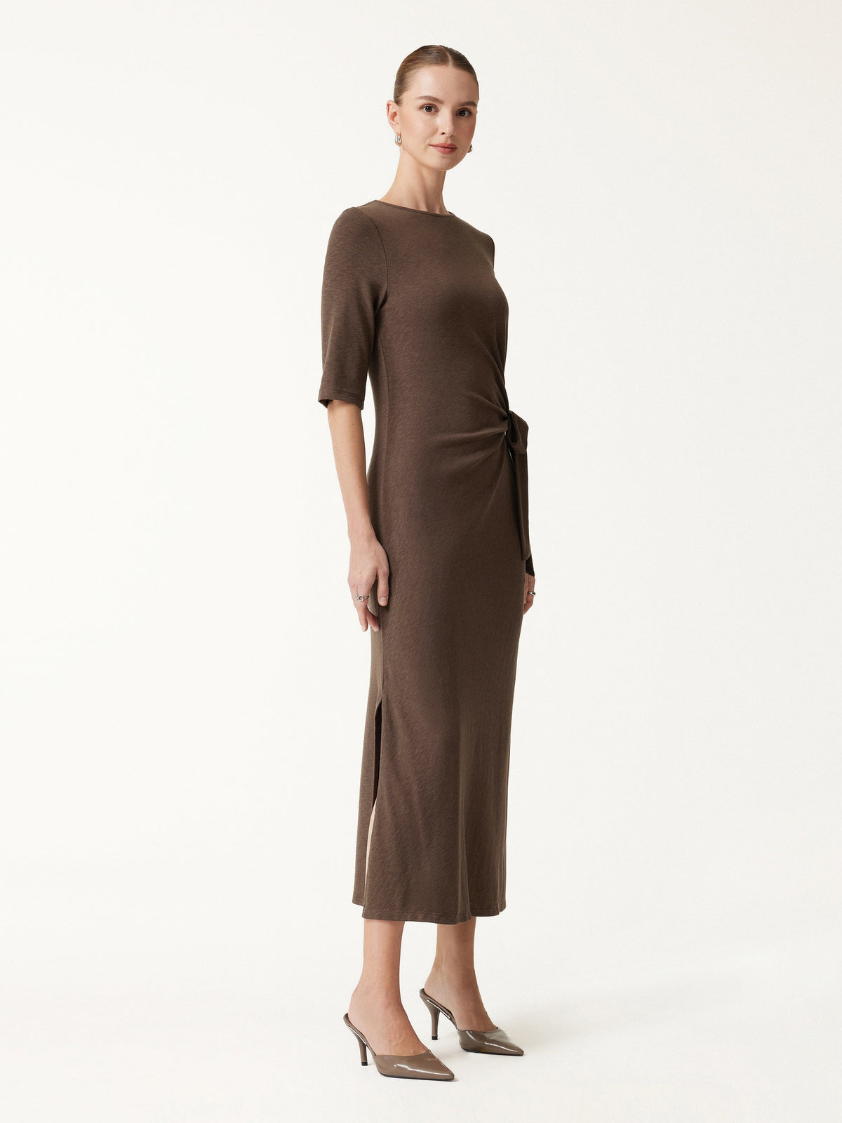 LiteWarm Slub Ribbed Round Neck Elbow Sleeve Tie-Waist Midi Dress — original photo 3