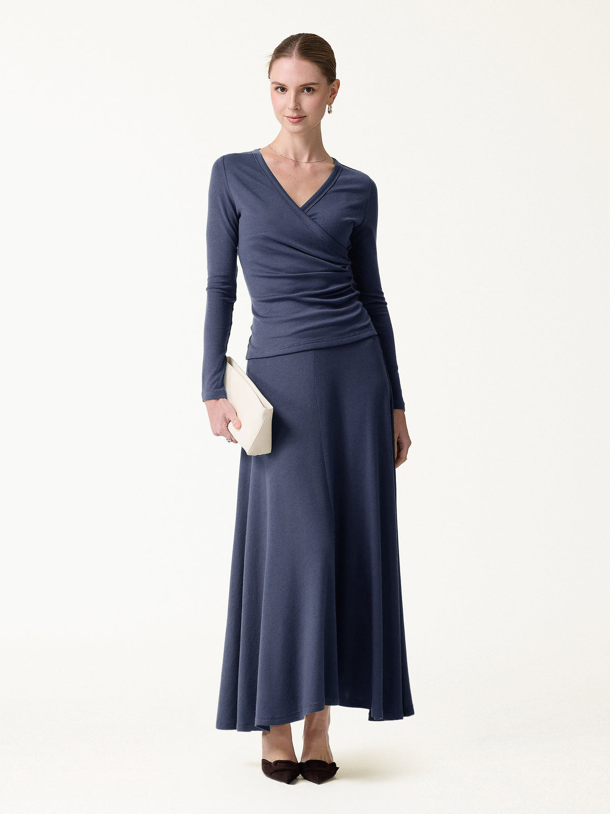2Pcs Set LiteWarm Surplice Ruched Top & Blend Mid-Rise Umbrella Maxi Skirt — original photo 3