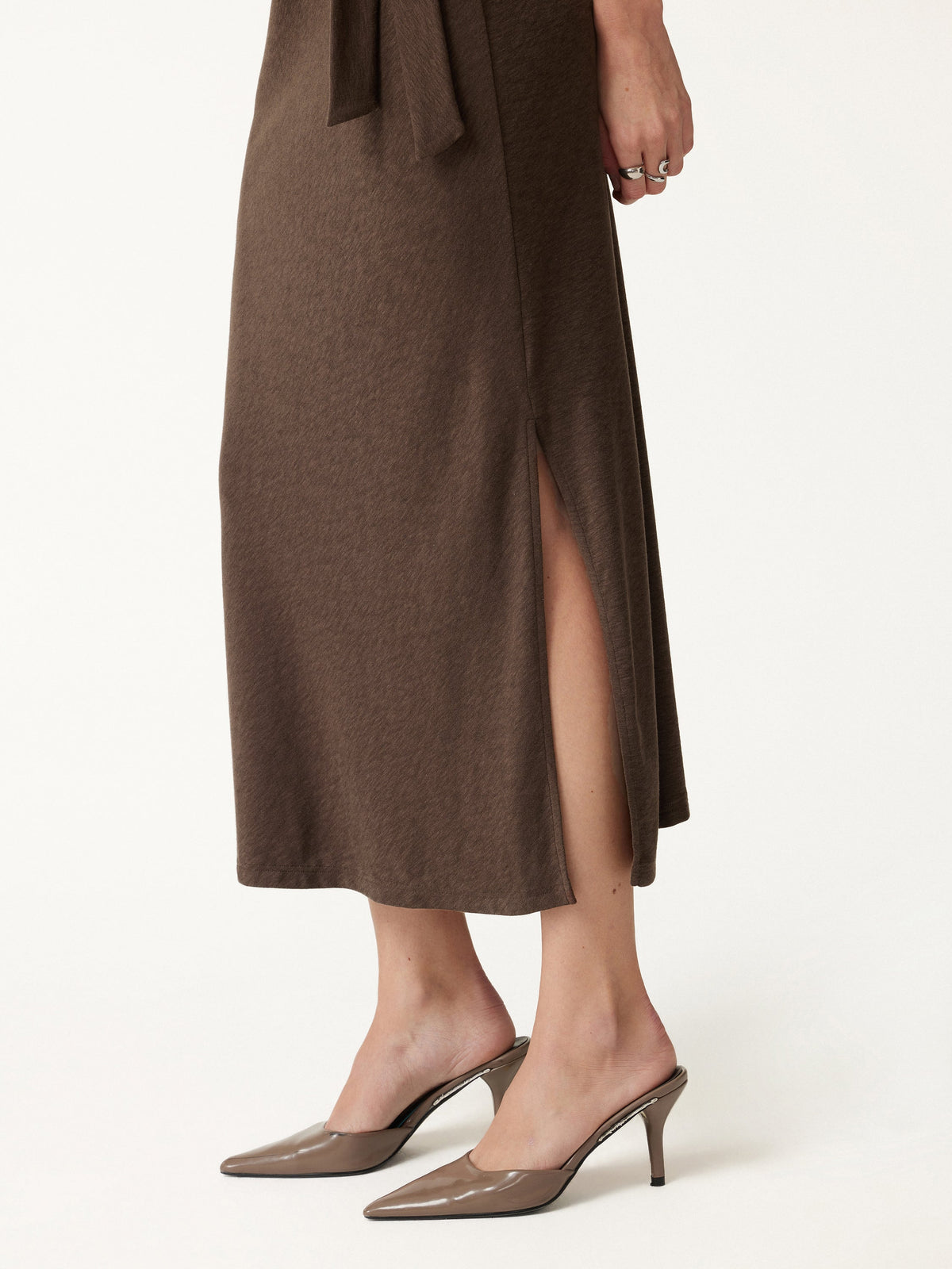 LiteWarm Slub Ribbed Round Neck Elbow Sleeve Tie-Waist Midi Dress — original photo 6