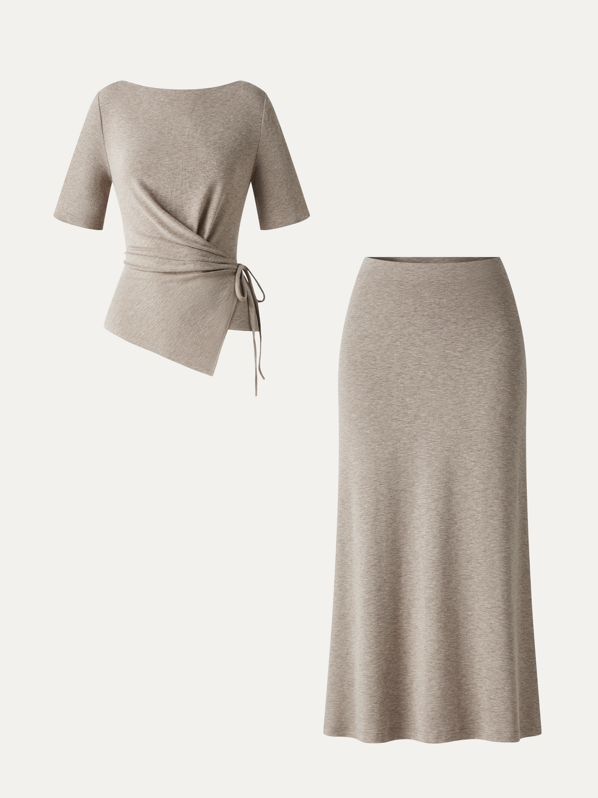 2Pcs Set LiteWarm Short Sleeve Tie-Side Top & Side-Slit A-Line Midi Skirt — original photo 2