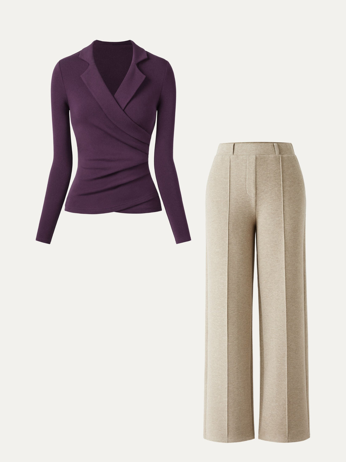 2Pcs Set Collared Surplice Top & High Waisted Straight Leg Pull On Pant — original photo 1