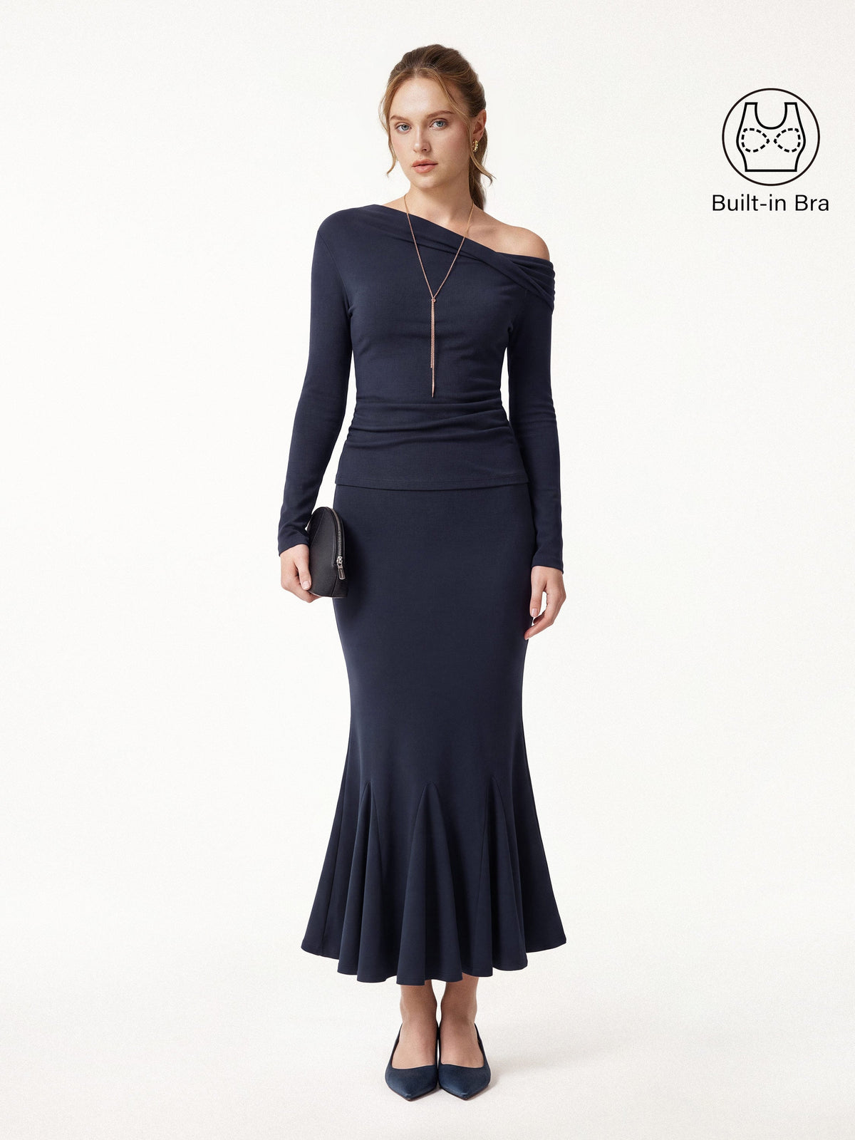 2Pcs Set LiteWarm Convertible Neck Built-In Bra Top & High-Rise Mermaid Midi Skirt — original photo 1